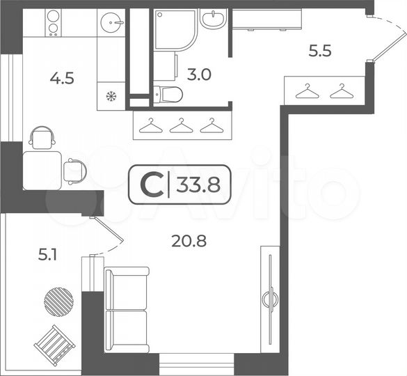 Квартира-студия, 33,9 м², 15/22 эт.