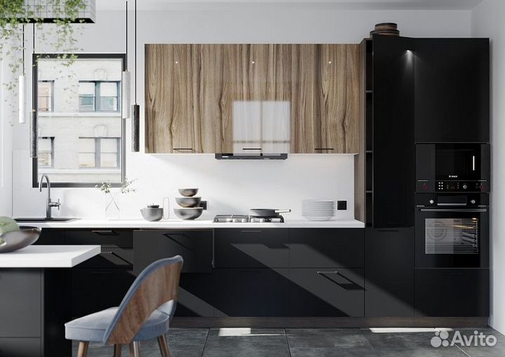 Кухня в современном стиле черная с деревом