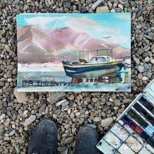 Пейзаж с катером. Акварель