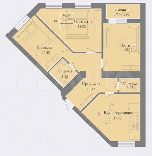 3-к. квартира, 90 м², 2/7 эт.