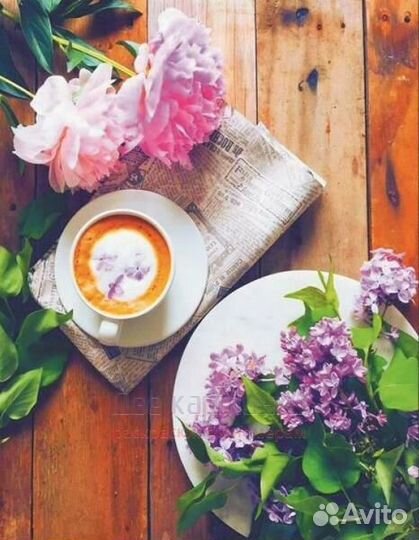 Алмазная мозаика 40x50 Чашечка кофе, пионы и сирен