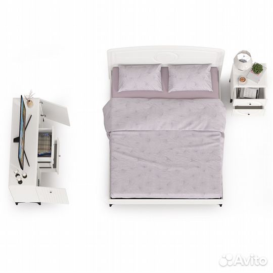 Кровать с ортопедическим основанием 1600 с тумбочкой и тв тумбой-комодом Валенсия, цвет белый шагрен