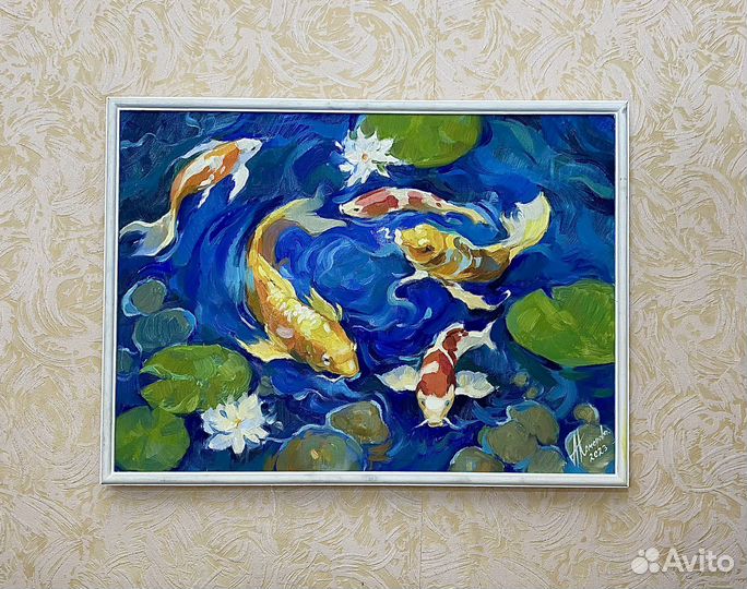 Картина маслом «Японские карпы» 40*55см в рамке