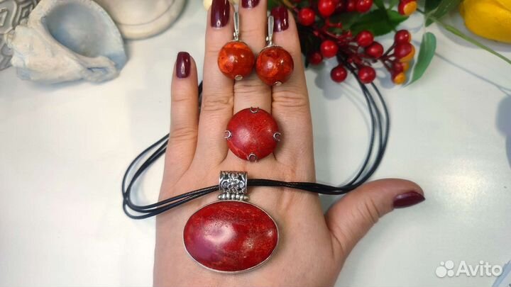 Кольцо, серьги, кулон с губчатым кораллом, 925