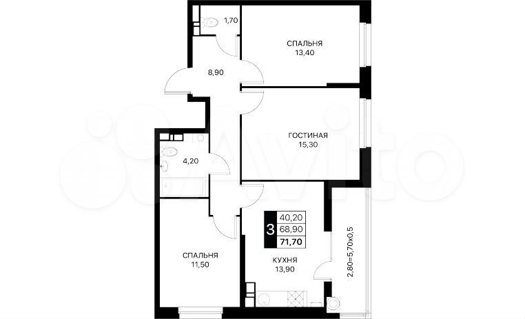 3-к. квартира, 71,7 м², 10/12 эт.