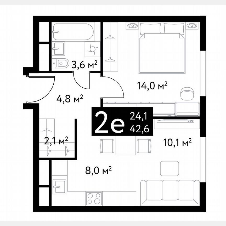2-к. квартира, 42,6 м², 17/22 эт.