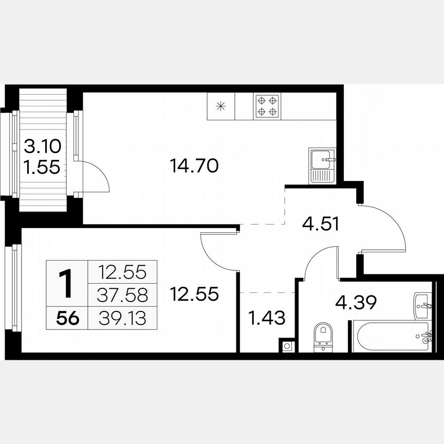 1-к. квартира, 39,1 м², 6/15 эт.