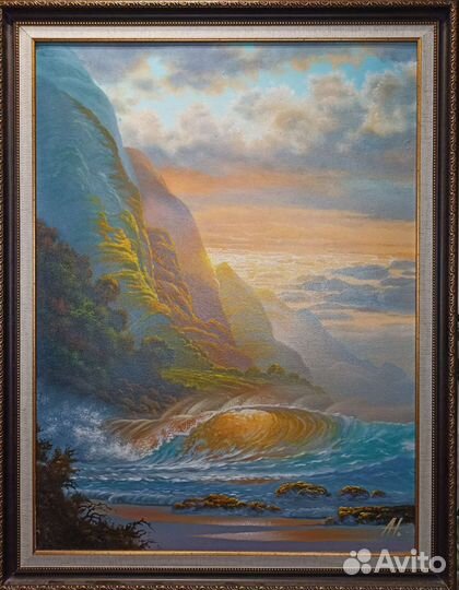 Картина масло холст 92*72 море закат волна