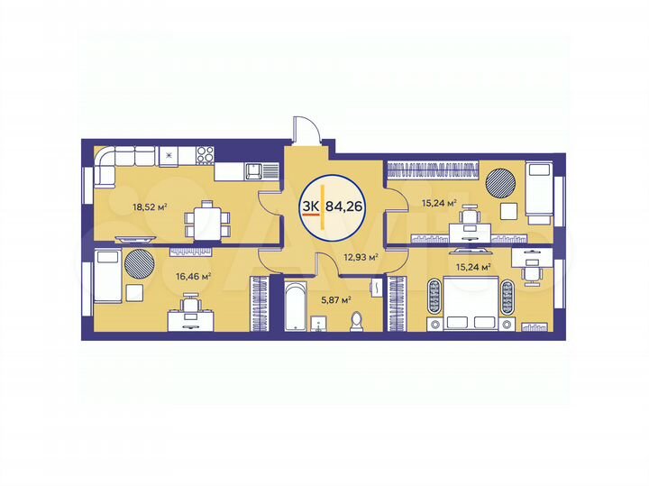 3-к. квартира, 84,3 м², 12/17 эт.