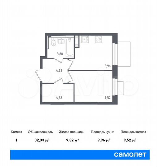 1-к. квартира, 32,3 м², 9/12 эт.