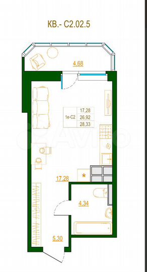 Квартира-студия, 28,6 м², 13/20 эт.