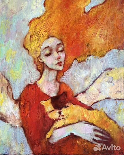 Ангел Картина маслом с котом