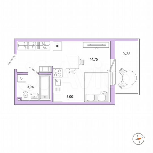 1-к. квартира, 25,2 м², 6/9 эт.