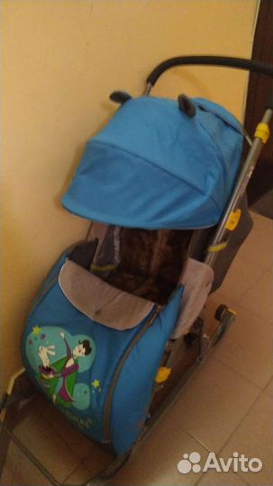 Детские санки коляска с колесами б/у