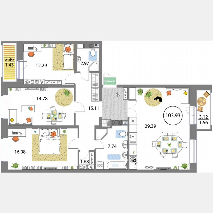 3-к. квартира, 103,9 м², 5/12 эт.
