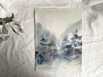 Картина акварелью елки в тумане