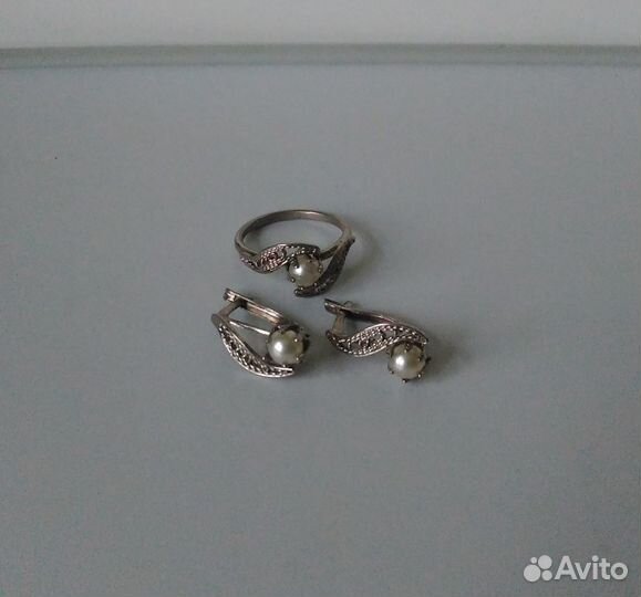 Комплект серьги и кольцо с жемчугом, бижутерия