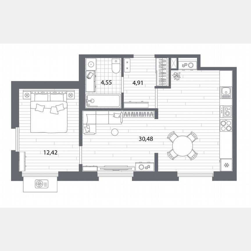 1-к. квартира, 52,4 м², 1/7 эт.