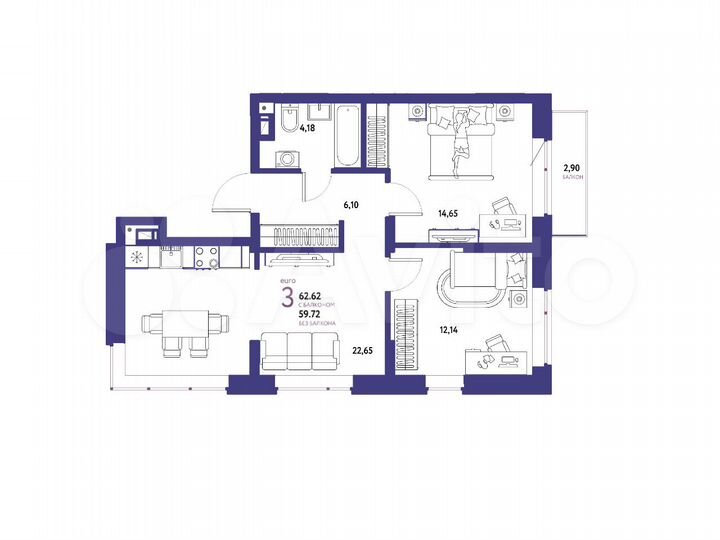 3-к. квартира, 62,6 м², 12/16 эт.