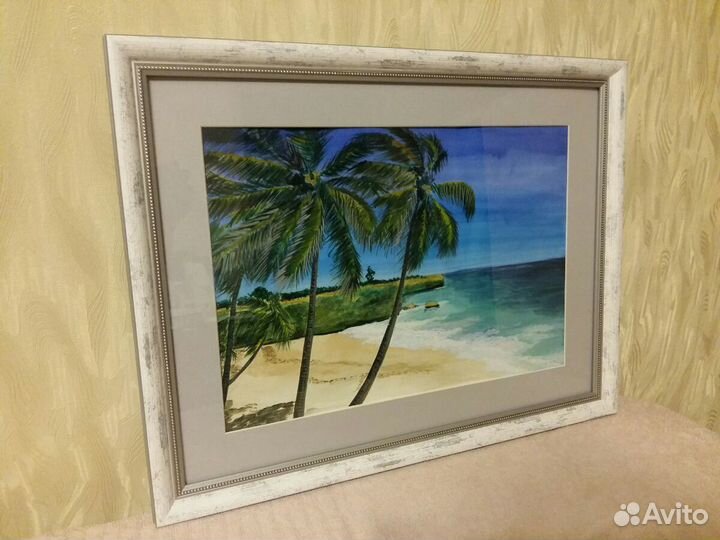 Картина акварелью. Пальмовый пляж Отличный подарок