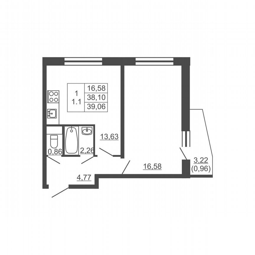 1-к. квартира, 39,1 м², 8/16 эт.