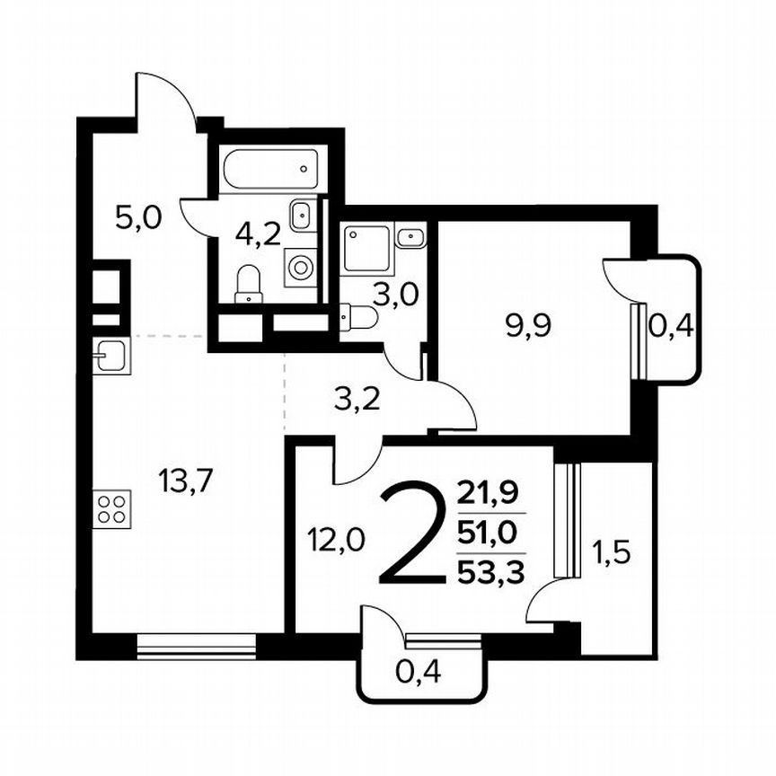 2-к. квартира, 53,3 м², 3/14 эт.