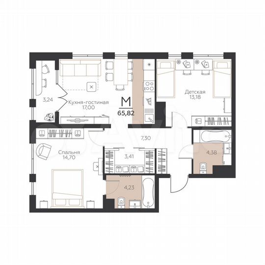2-к. квартира, 65,8 м², 1/6 эт.