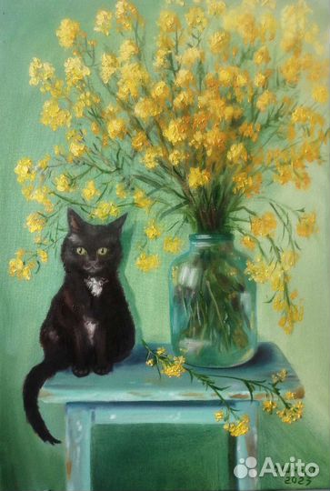 Картина маслом. Желтые цветы и котенок. 60х40