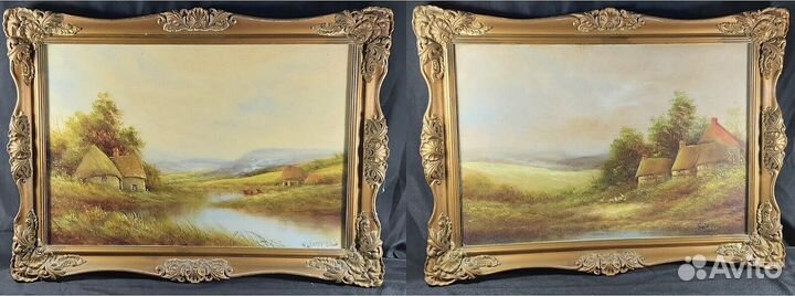 Пара Старинных Картин Масло Подпись Пейзажи
