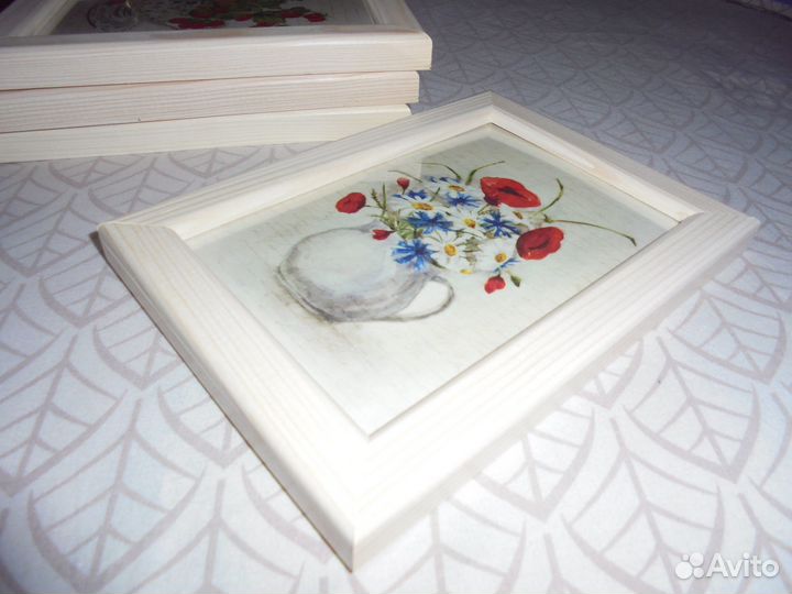 4 панно 13 х 18 Акварельн цветы дерев рамка