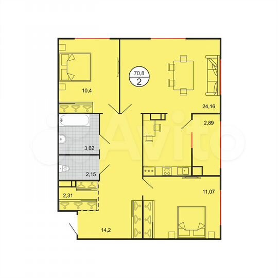 2-к. квартира, 70,7 м², 3/5 эт.