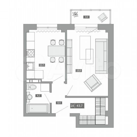 Своб. планировка, 42,1 м², 1/4 эт.