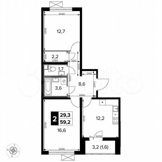 2-к. квартира, 59,2 м², 14/21 эт.