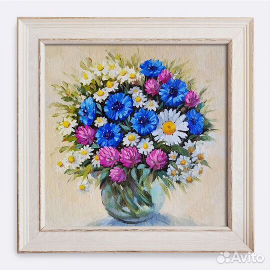 Картина холст, масло, рама Полевые цветы 25х25