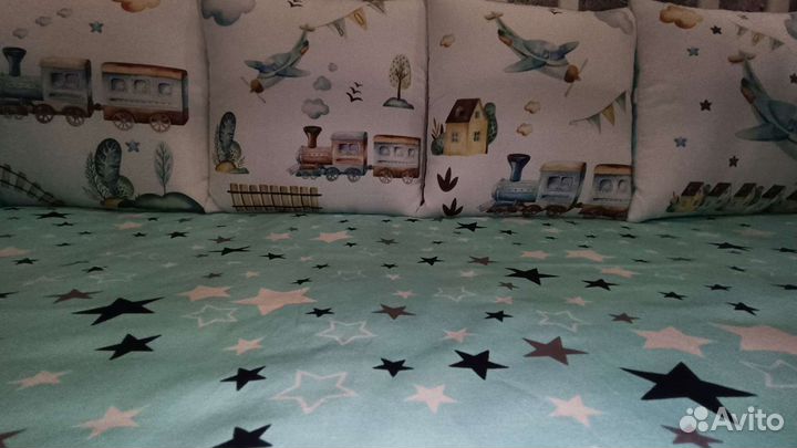 Комплект в кроватку, бортики подушки, новый, сатин