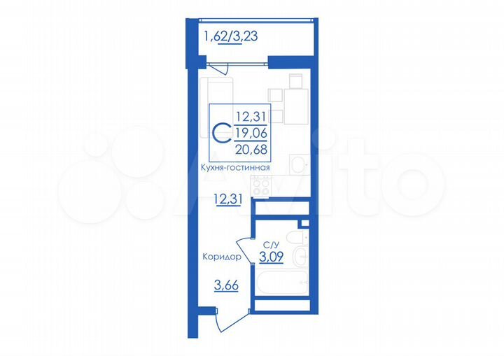 Квартира-студия, 20,7 м², 23/25 эт.
