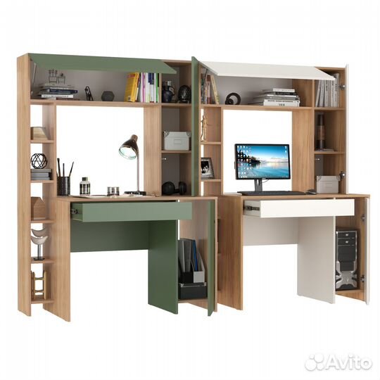 Два больших компьютерных стола Mobi Комфорт 12.71 цвет гикори/дым.зелёный/дуб зол/белый