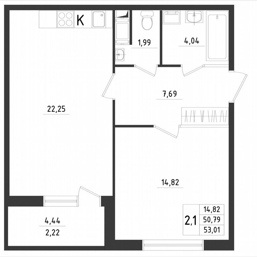 2-к. квартира, 53 м², 7/8 эт.