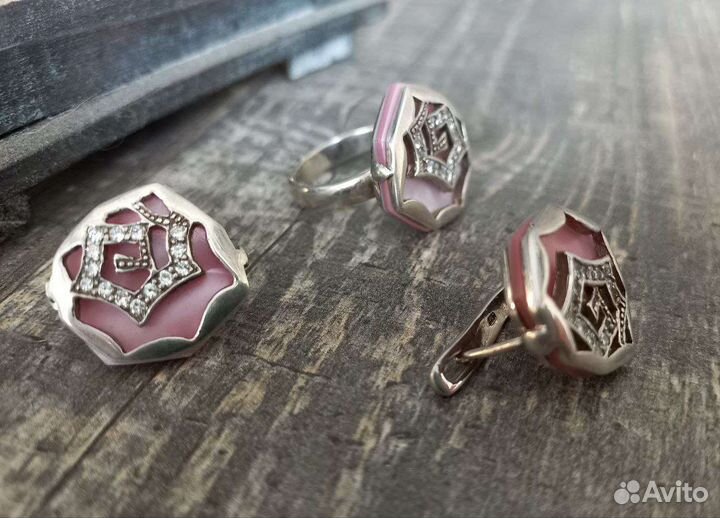 Серьги и кольцо серебро фианиты перламутр