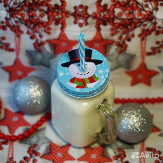 Кружки стеклянные с крышкой +труб. (новогодн.тема)