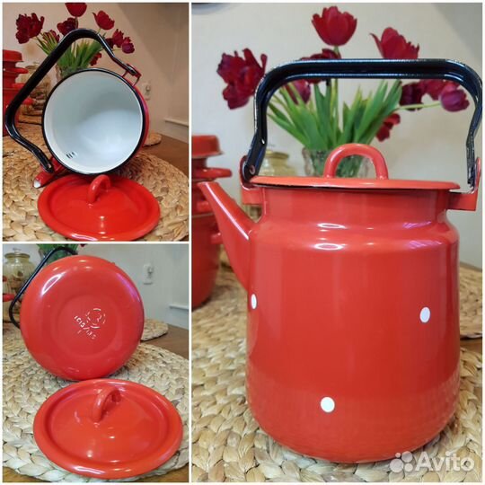 Кастрюли СССР эмалированные красные в белый горох