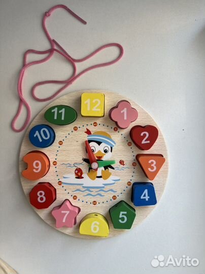 Сортер деревянный 4в1, Часики - шнуровка