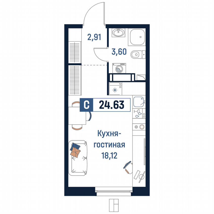 Квартира-студия, 24,6 м², 6/18 эт.
