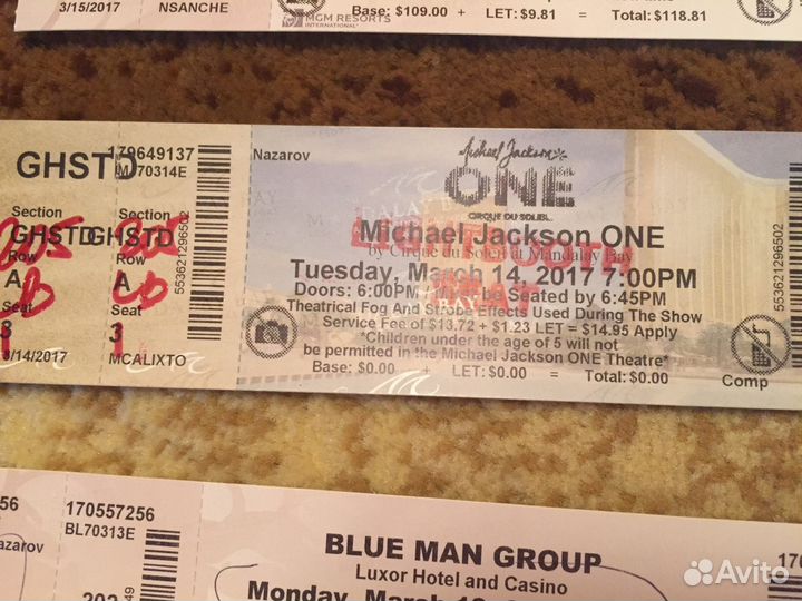 Билеты на шоу в Лас Вегасе (использованные)
