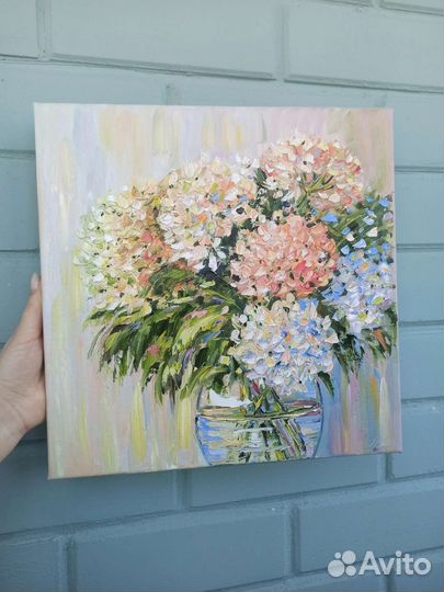 Картина гортензии маслом натюрморт с цветами
