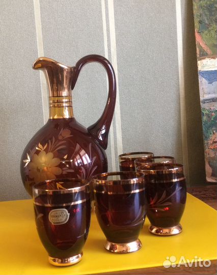 Богемское стекло 60-х гг, штоф рюмки ваза