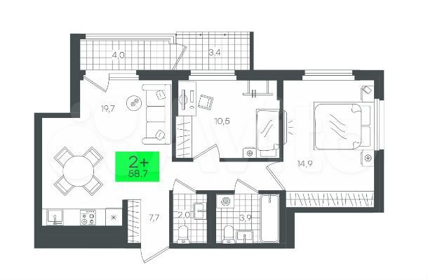 2-к. квартира, 58,7 м², 9/13 эт.