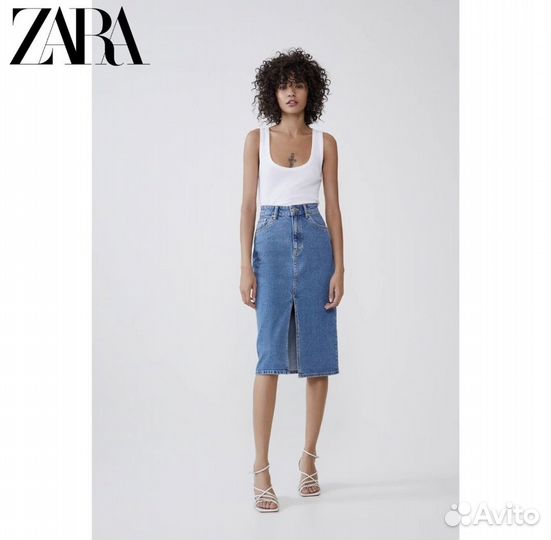 Джинсовая юбка миди Zara с разрезом спереди