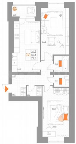 2-к. квартира, 71,3 м², 3/5 эт.
