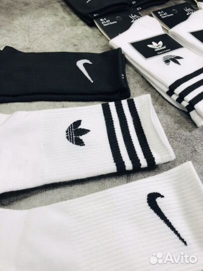 Носки высокие белые/черные; nike/adidas хлопок
